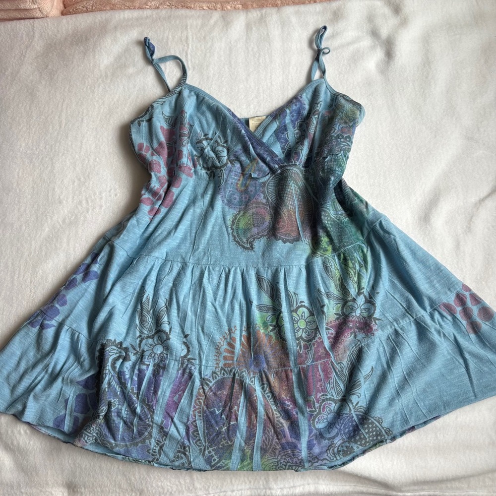 Y2K Babydoll Cami Top Blue Paisley Floral Tiered Surplice V-Neck Large
